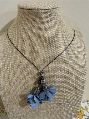 Blue Floral Drop Pendant Necklace - Feminine Cluster Charm 32”